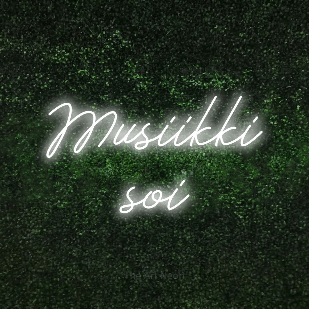 LED neon sign reading “Musiikki soi”, arranged in 2 lines.
