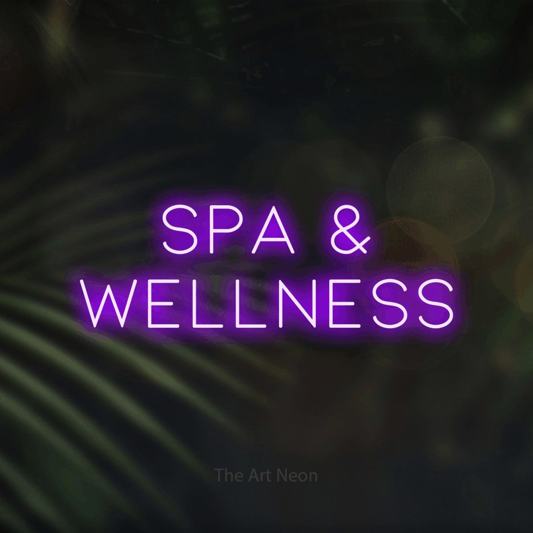 LED neon sign reading “Spa & wellness”, arranged in 2 lines.