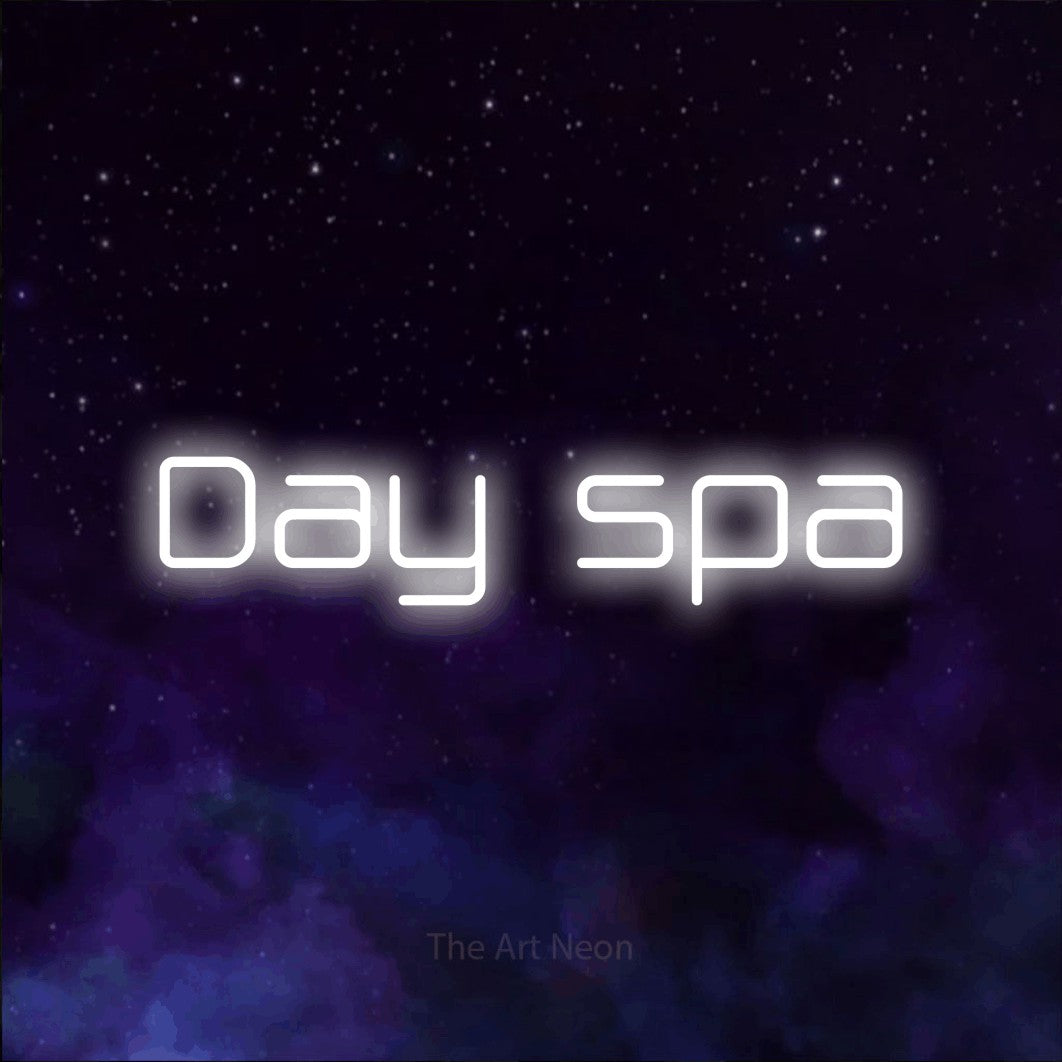 LED neon sign reading “Day spa”, arranged in a single line.