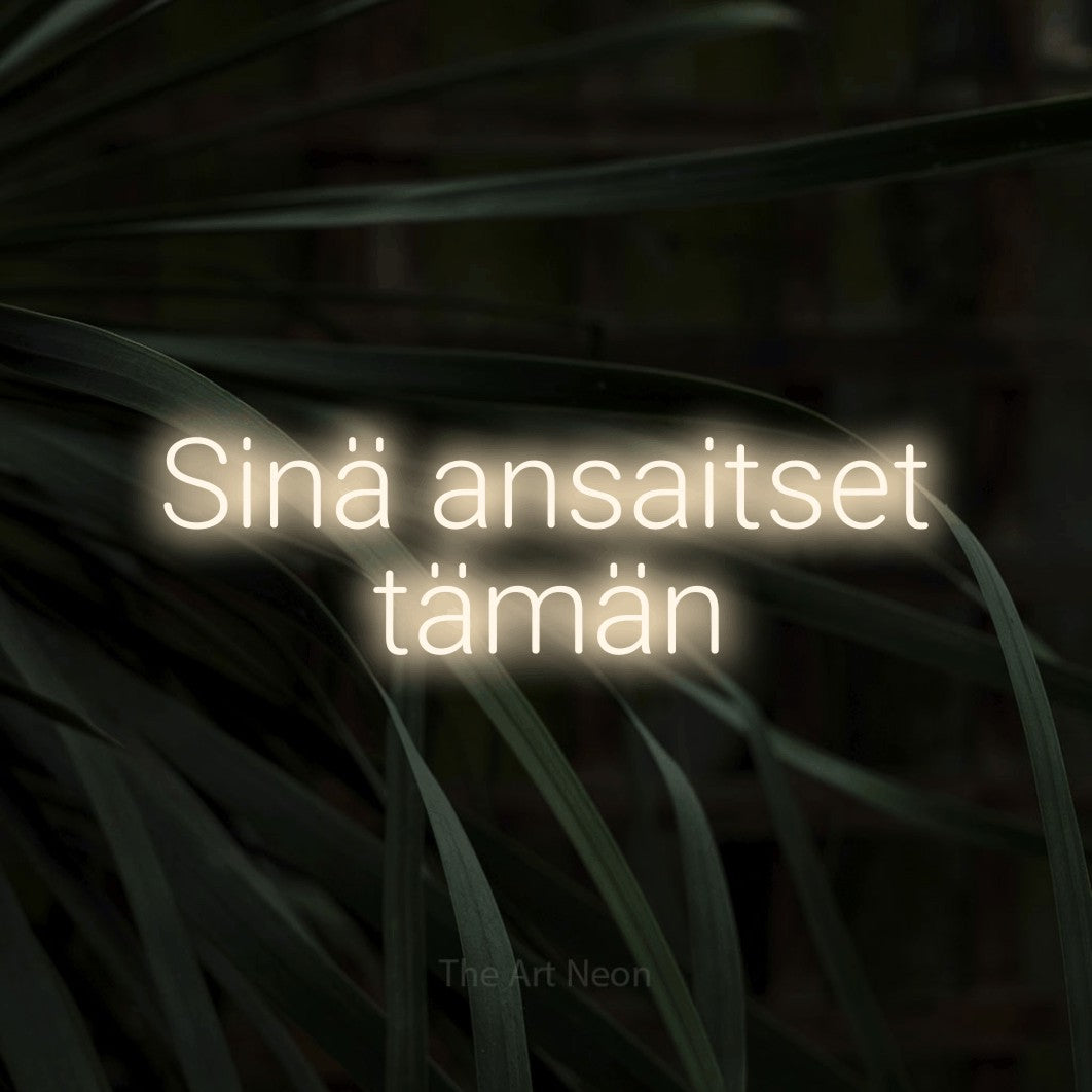 LED neon sign reading “Sinä ansaitset tämän”, arranged in 2 lines.