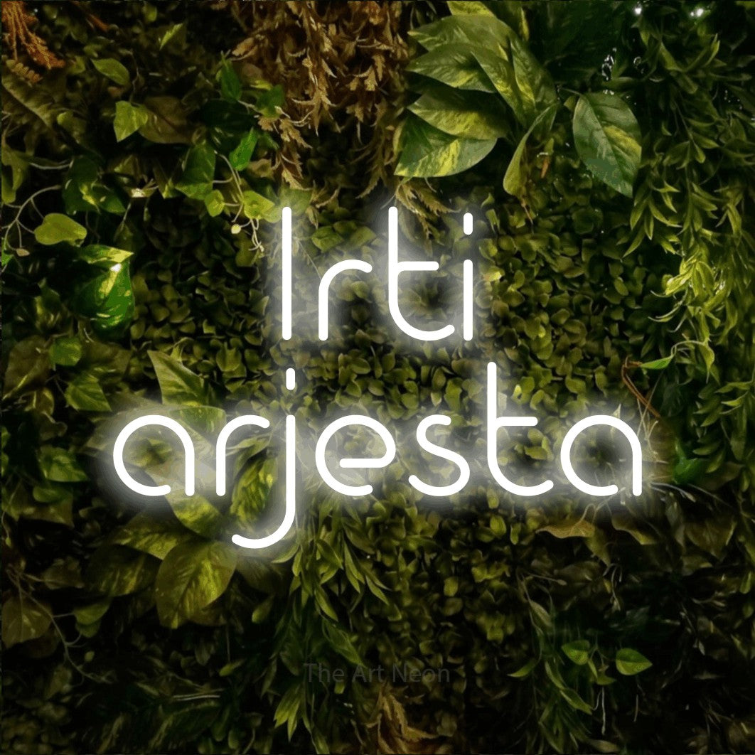 LED neon sign reading “Irti arjesta”, arranged in 2 lines.