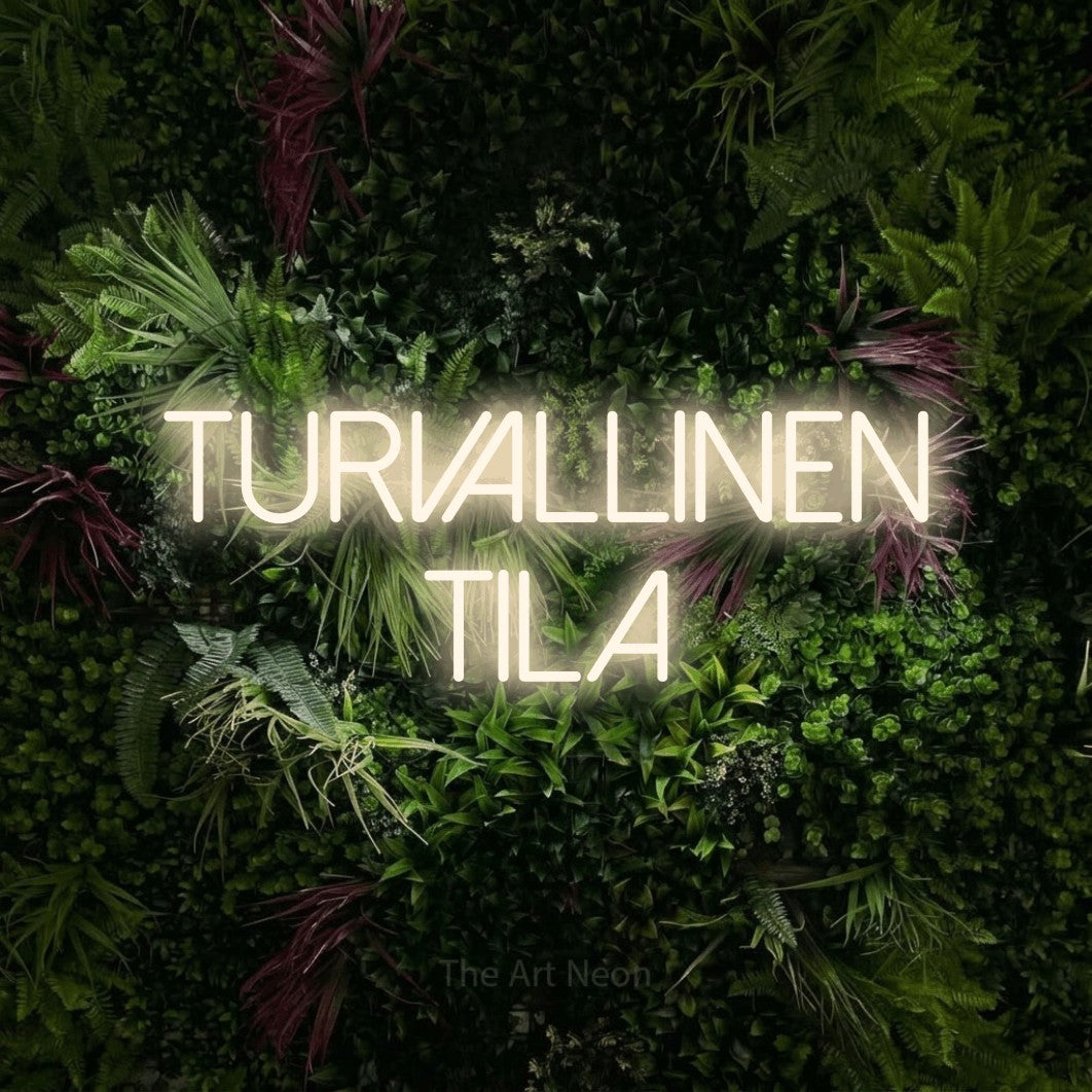LED neon sign reading “turvallinen tila”, arranged in 2 lines.