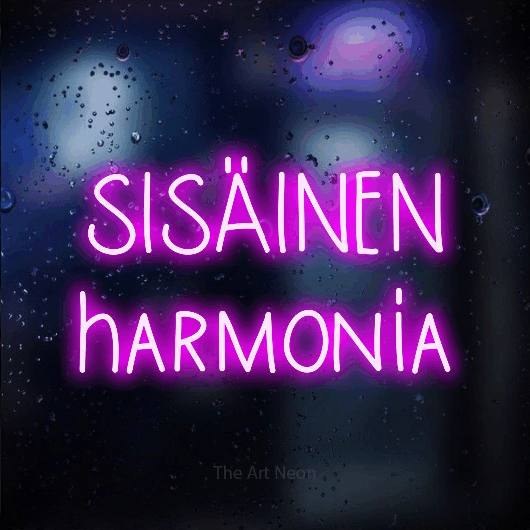 LED neon sign reading “SISÄINEN harmonia”, arranged in 2 lines.