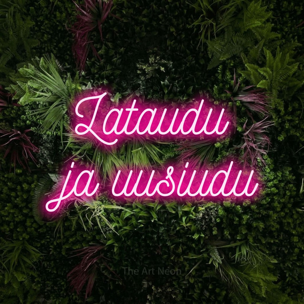 LED neon sign reading “Lataudu ja uusiudu”, arranged in 2 lines.