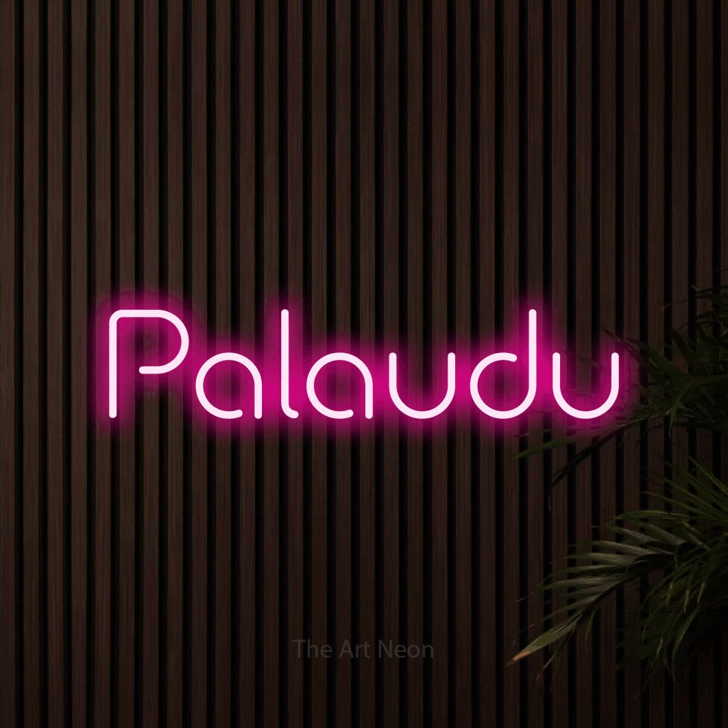 LED neon sign reading “Palaudu”, arranged in a single line.