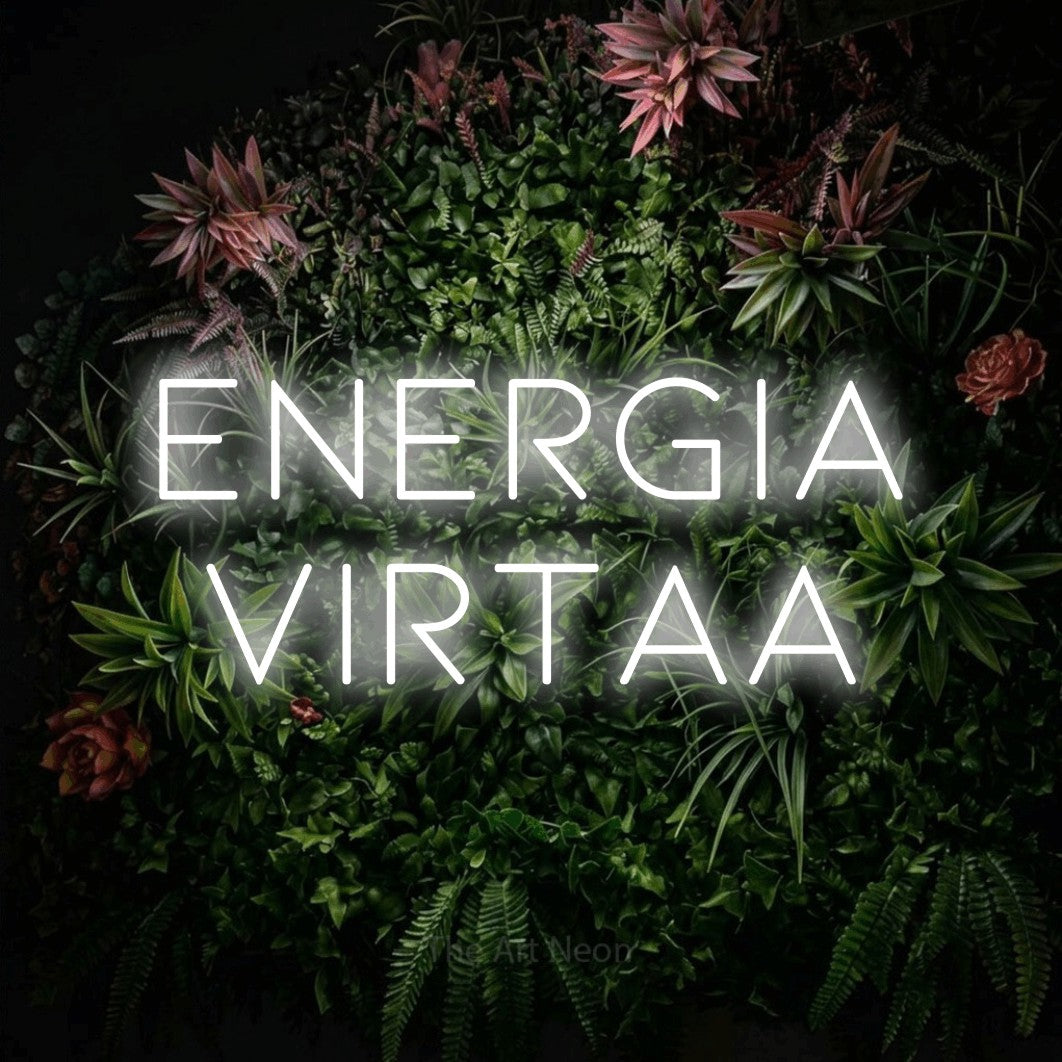 LED neon sign reading “Energia virtaa”, arranged in 2 lines.