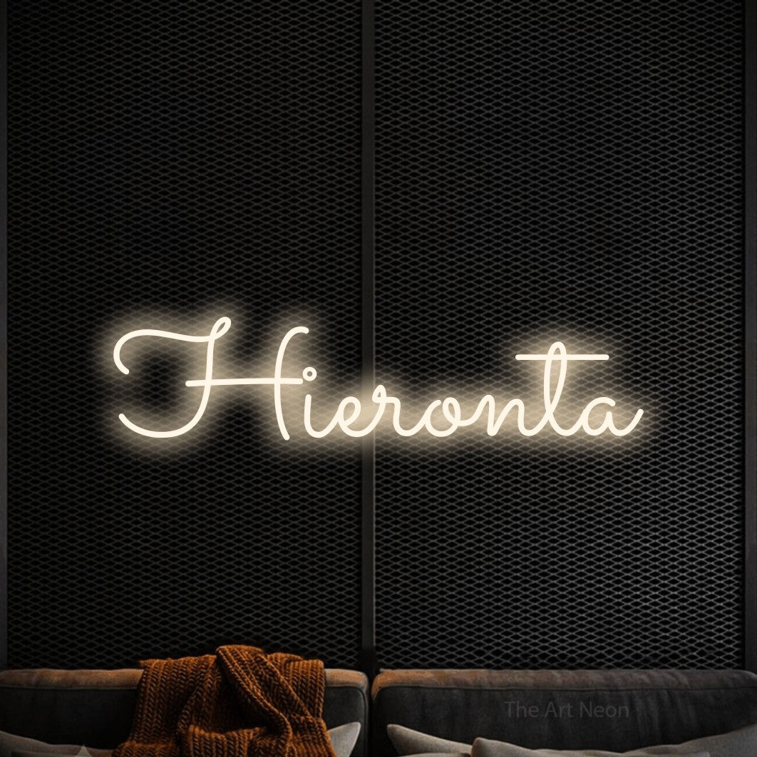 LED neon sign reading “Hieronta”, arranged in a single line.