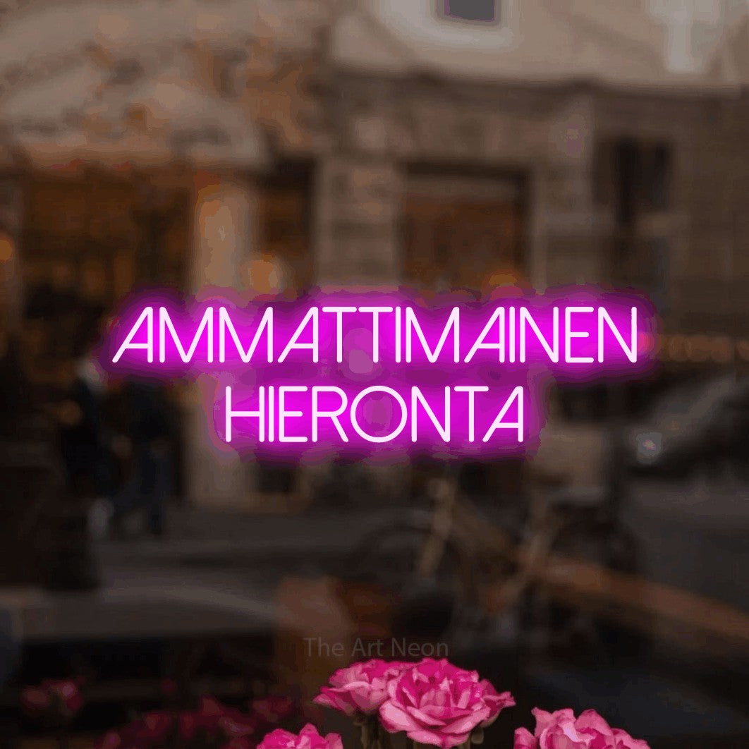 LED neon sign reading “Ammattimainen hieronta”, arranged in 2 lines.