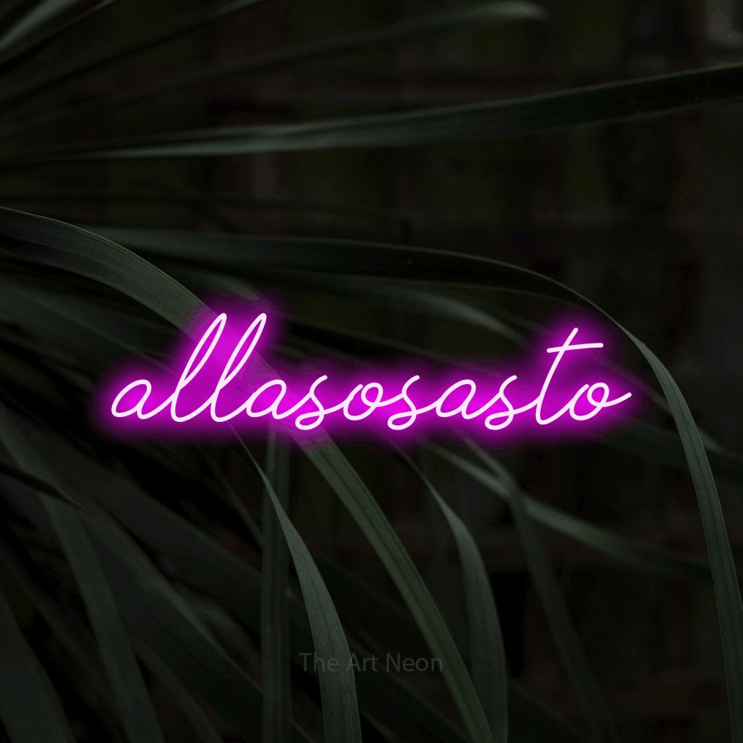 LED neon sign reading “allasosasto”, arranged in a single line.