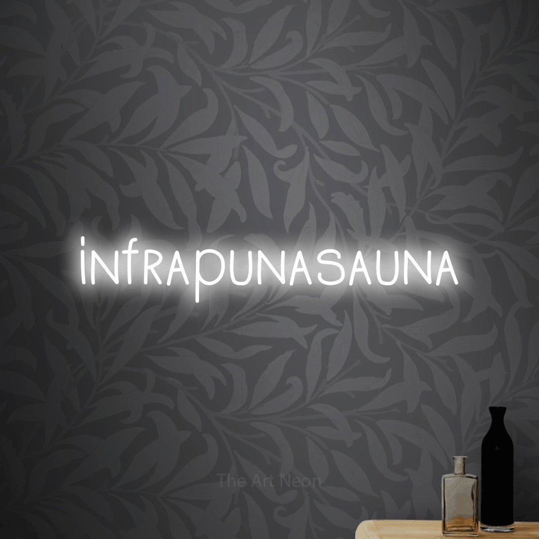 LED neon sign reading “infrapunasauna”, arranged in a single line.