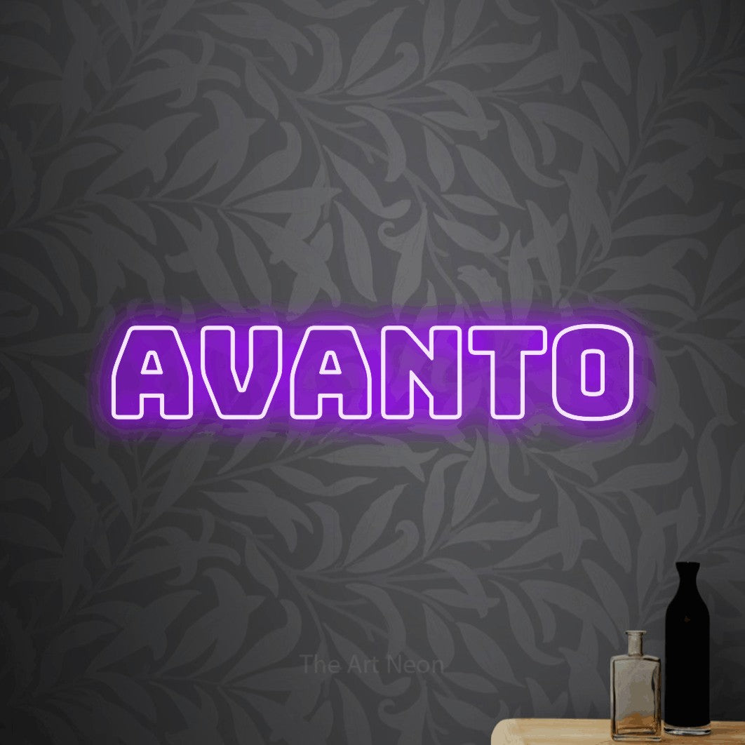 LED neon sign reading “Avanto”, arranged in a single line.