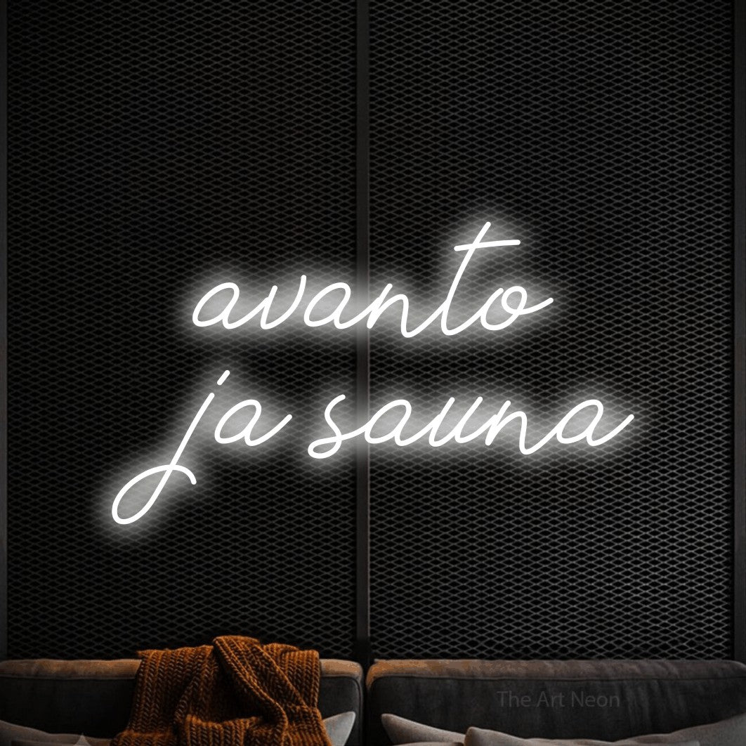 LED neon sign reading “avanto ja sauna”, arranged in 2 lines.
