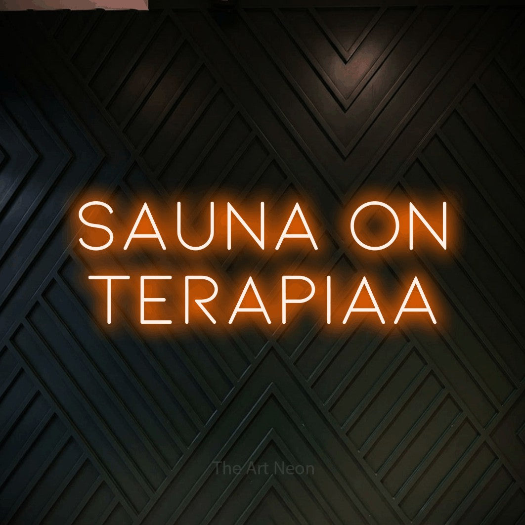 LED neon sign reading “SAUNA ON TERAPIAA”, arranged in 2 lines.