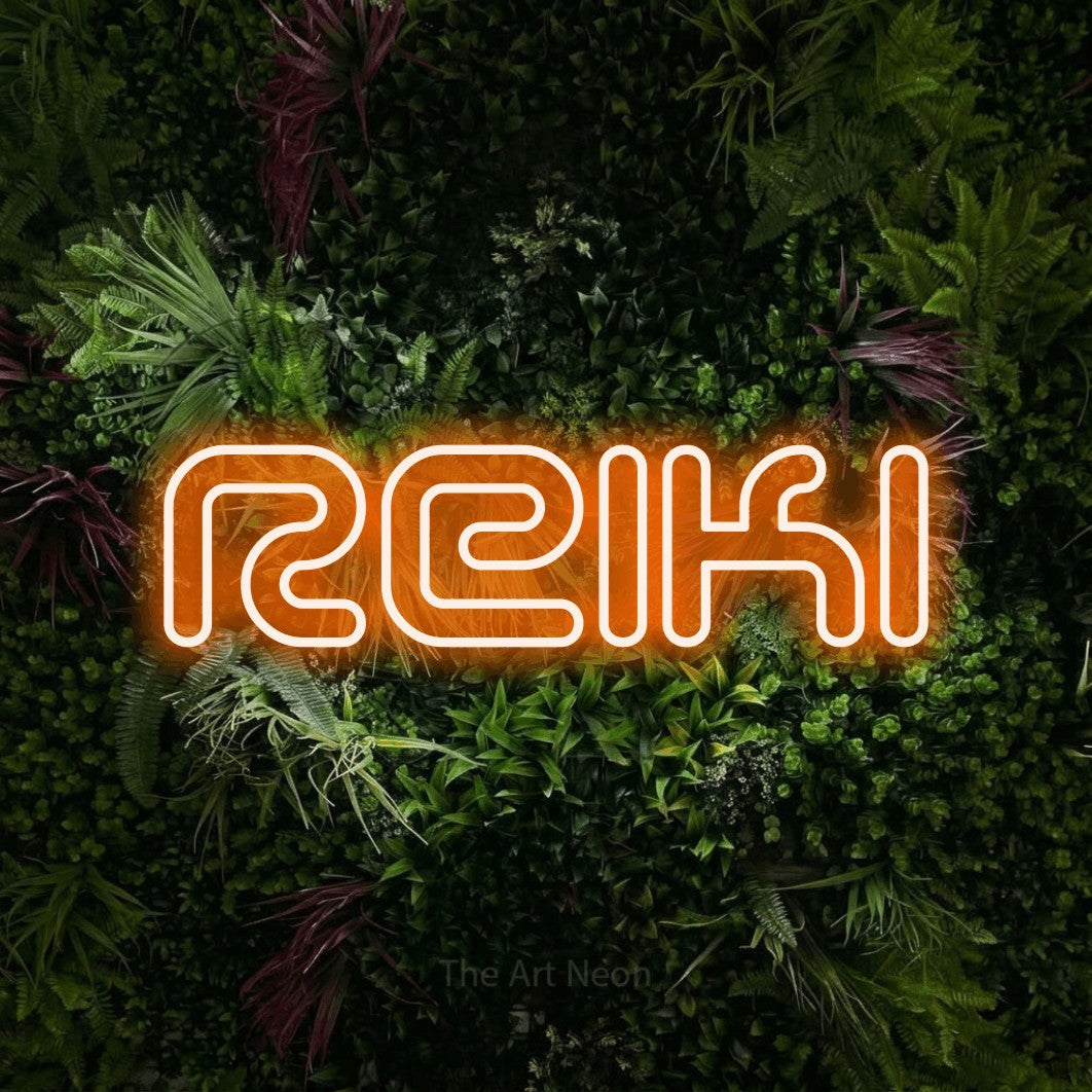 LED neon sign reading “Reiki”, arranged in a single line.