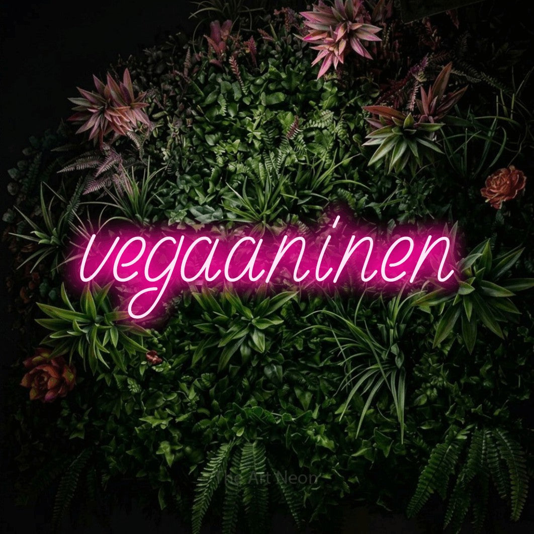 LED neon sign reading “vegaaninen”, arranged in a single line.