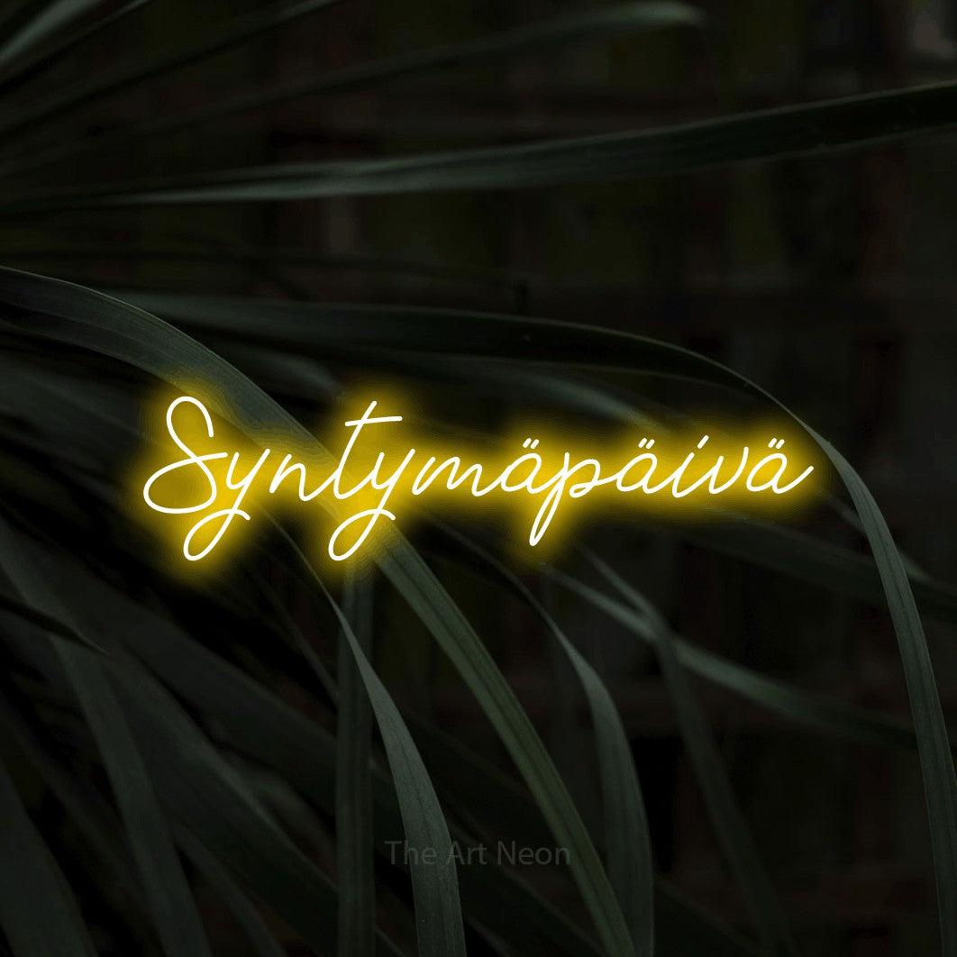 LED neon sign reading “Syntymäpäivä”, arranged in a single line.