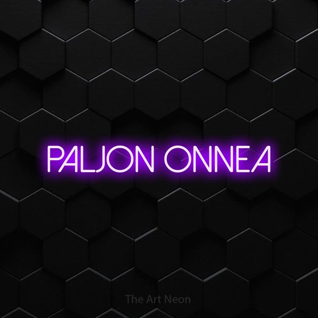 LED neon sign reading “Paljon onnea”, arranged in a single line.