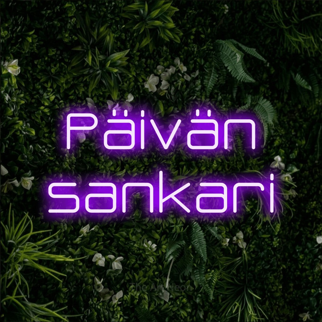 LED neon sign reading “Päivän sankari”, arranged in 2 lines.