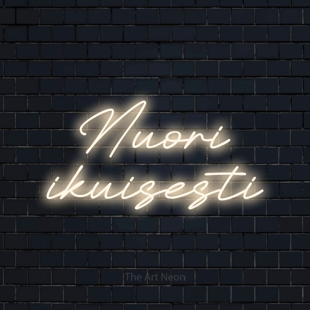 LED neon sign reading “Nuori ikuisesti”, arranged in 2 lines.