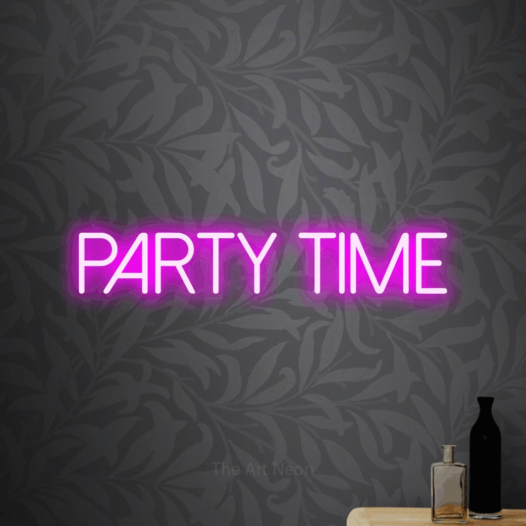 LED neon sign reading “Party time”, arranged in a single line.
