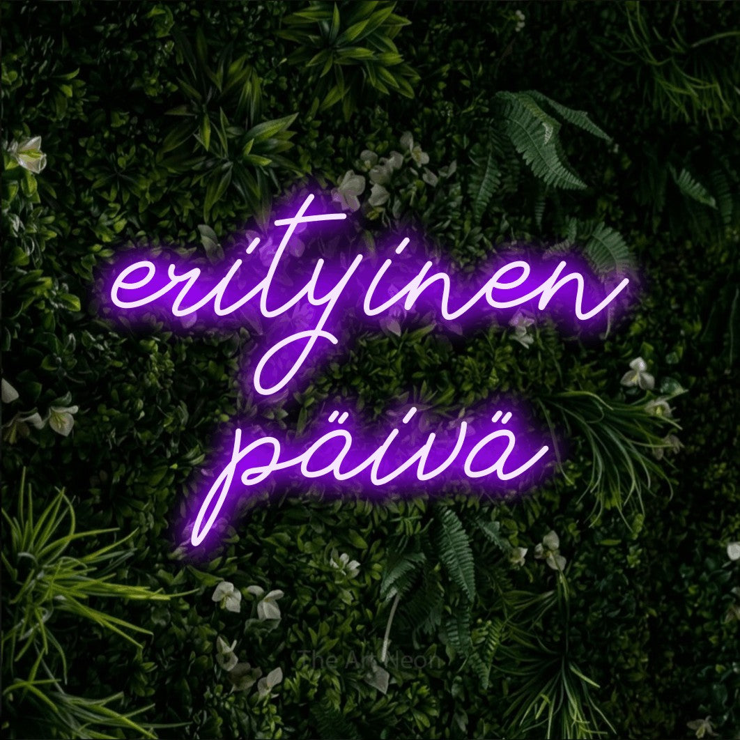 LED neon sign reading “erityinen päivä”, arranged in 2 lines.