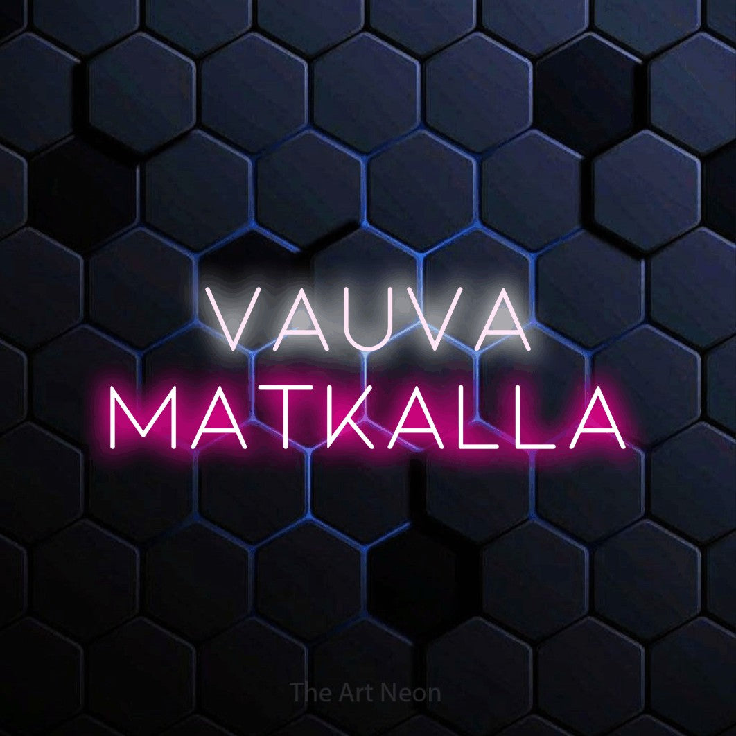 LED neon sign reading “Vauva matkalla”, arranged in 2 lines.