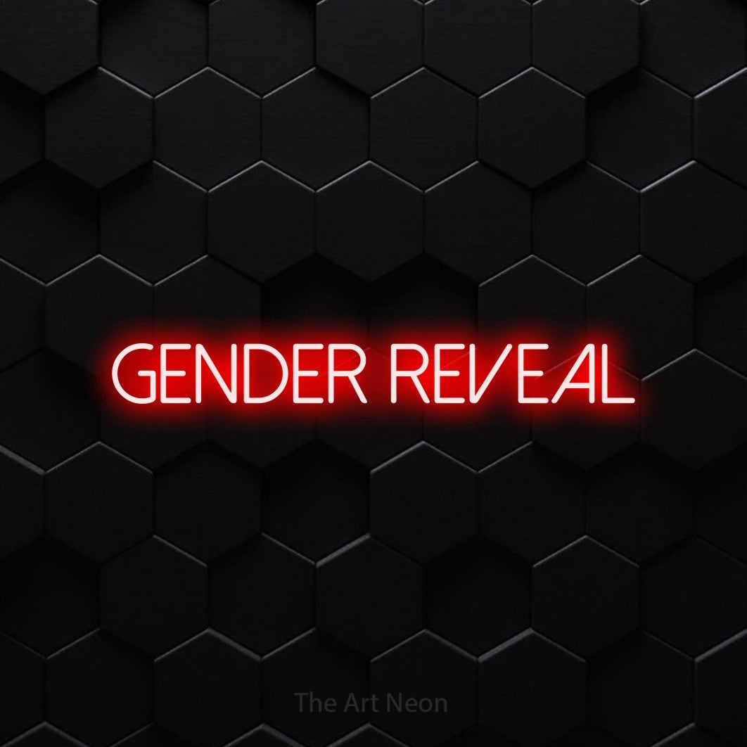 LED neon sign reading “Gender reveal”, arranged in a single line.