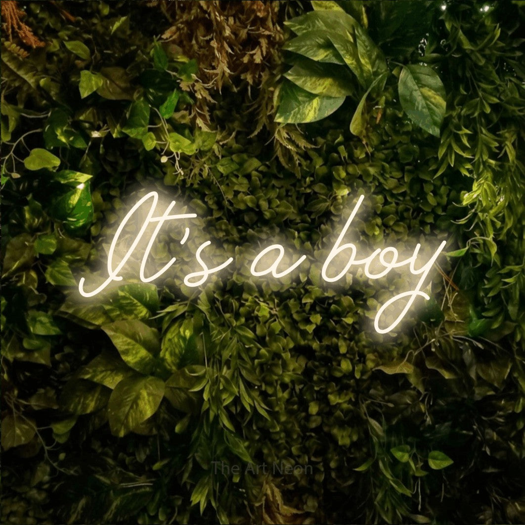 LED neon sign reading “It's a boy”, arranged in a single line.
