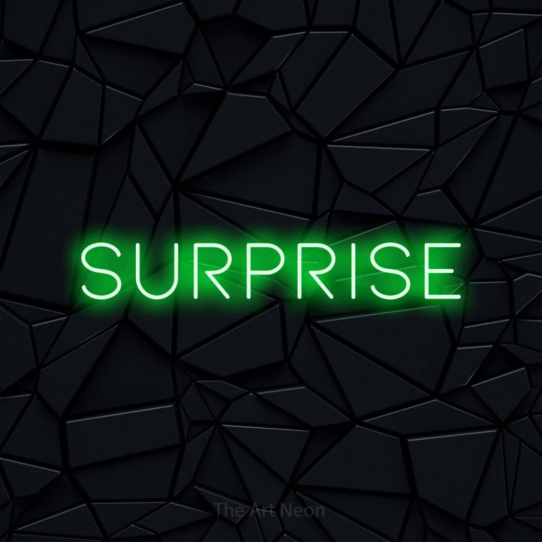LED neon sign reading “Surprise”, arranged in a single line.