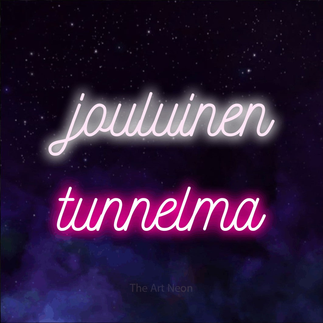 LED neon sign reading “jouluinen tunnelma”, arranged in 2 lines.