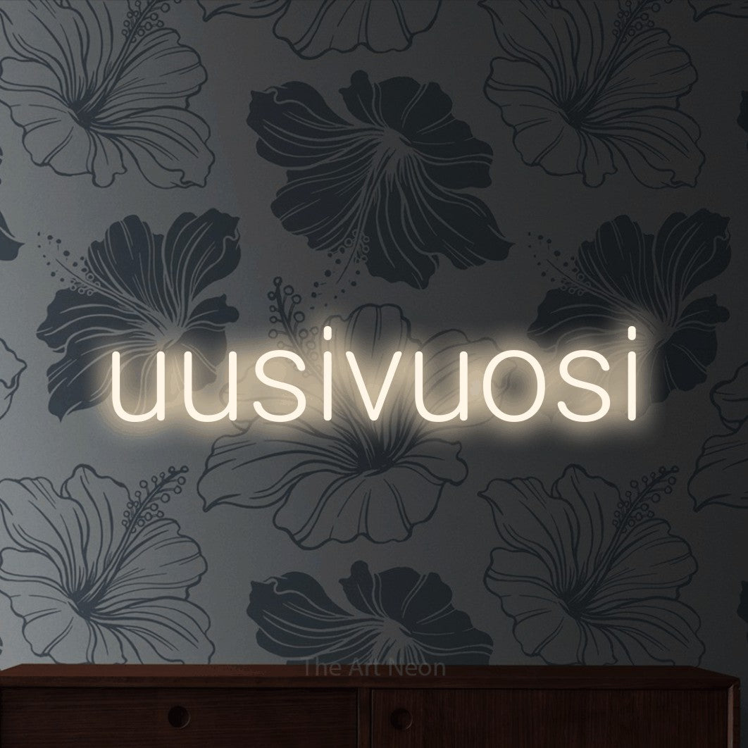 LED neon sign reading “uusivuosi”, arranged in a single line.