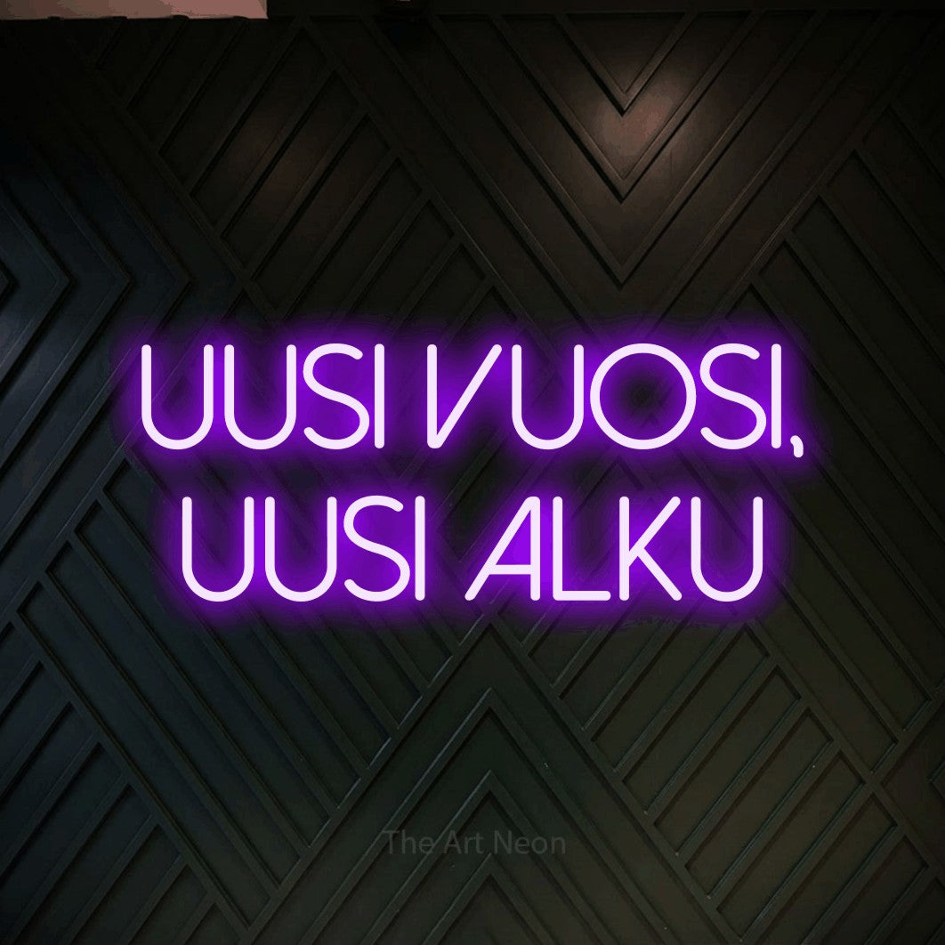 LED neon sign reading “Uusi vuosi, uusi alku”, arranged in 2 lines.