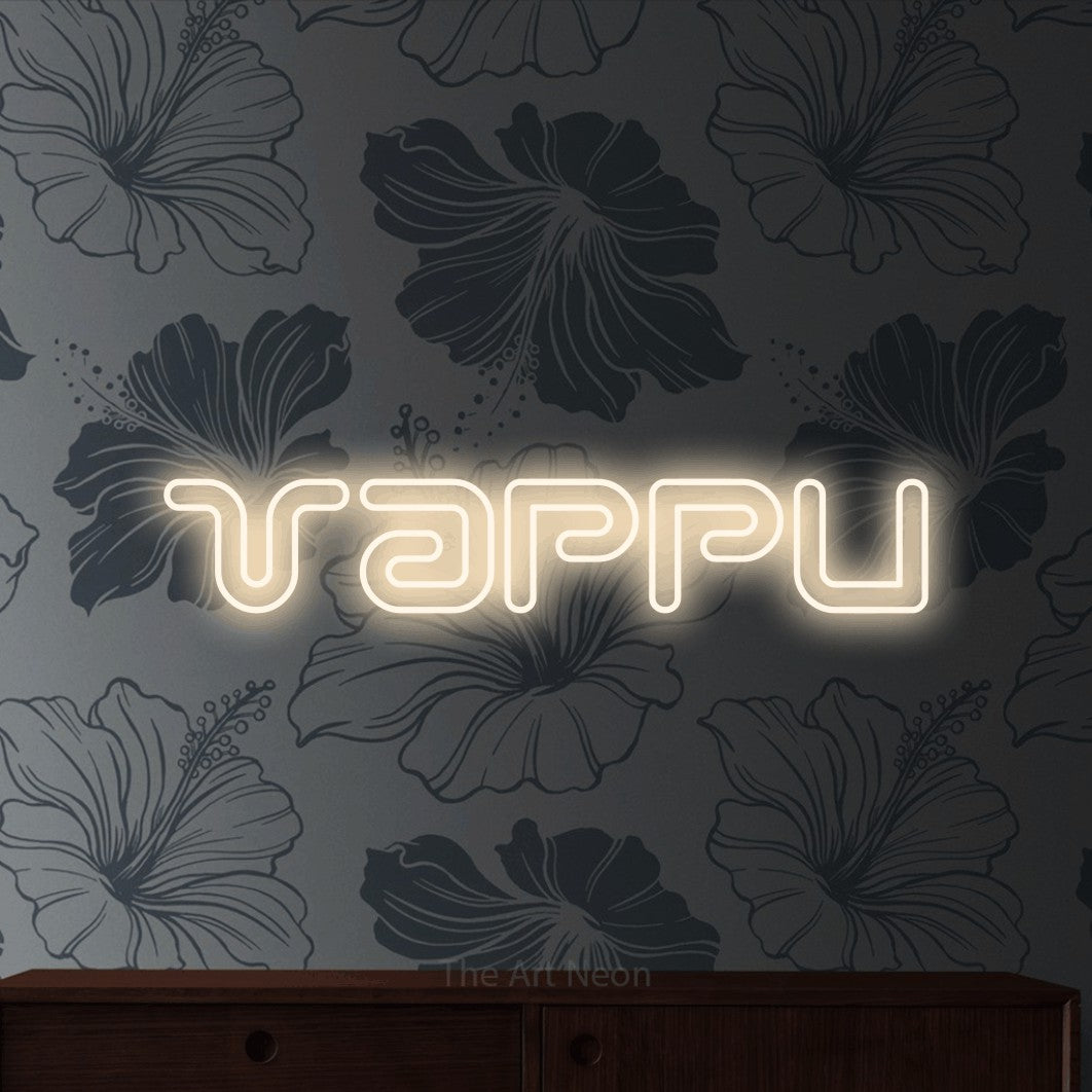 LED neon sign reading “Vappu”, arranged in a single line.