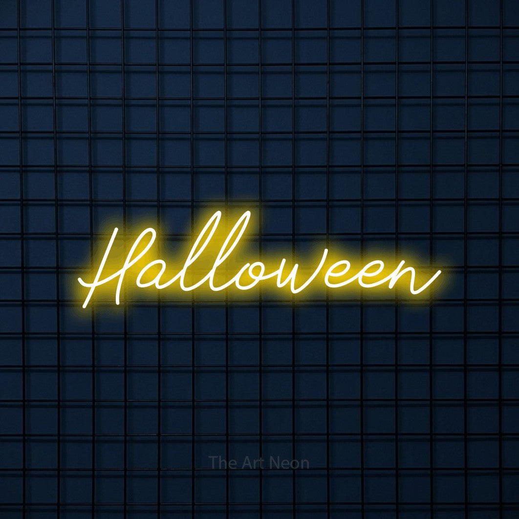 LED neon sign reading “Halloween”, arranged in a single line.