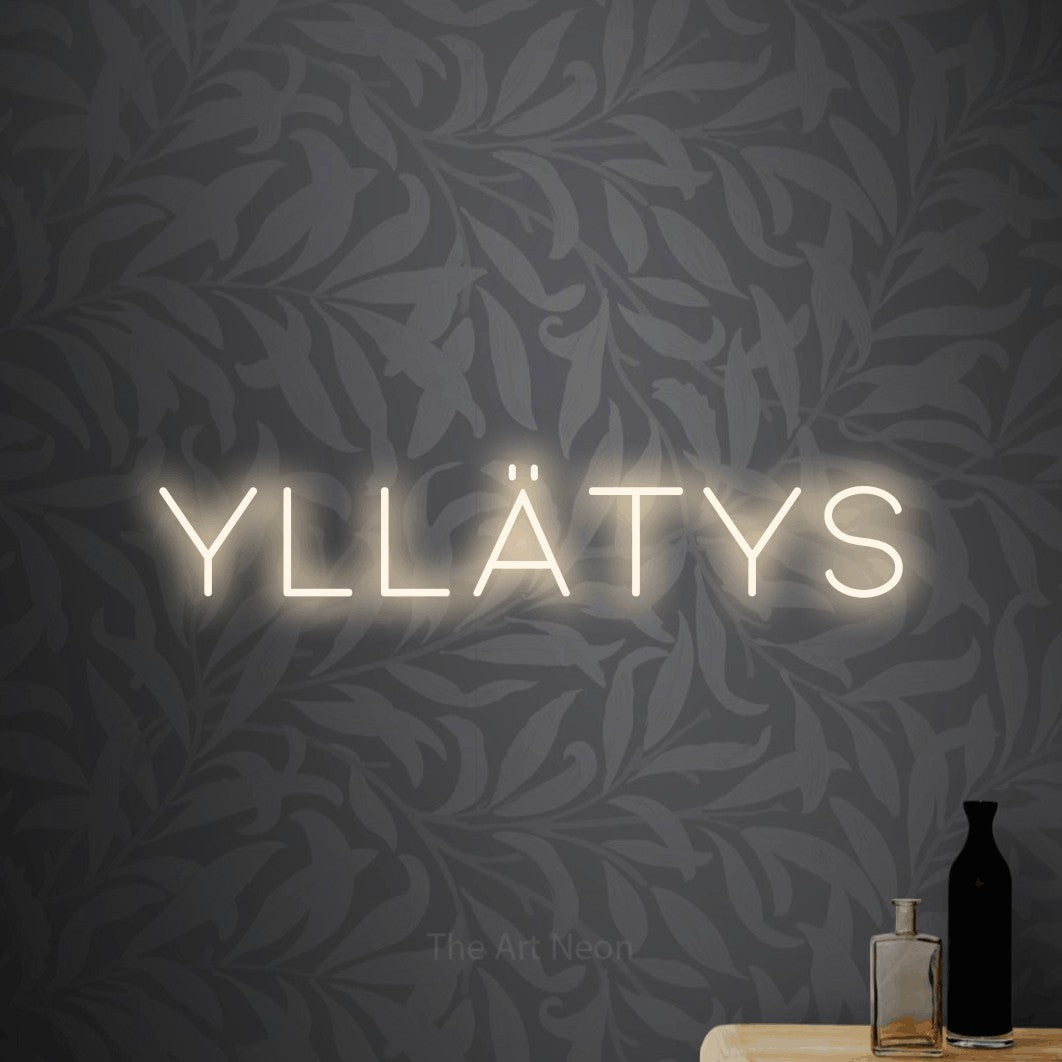 LED neon sign reading “Yllätys”, arranged in a single line.