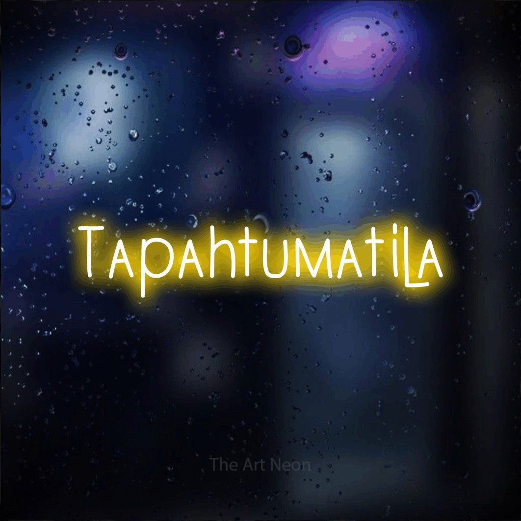 LED neon sign reading “Tapahtumatila”, arranged in a single line.