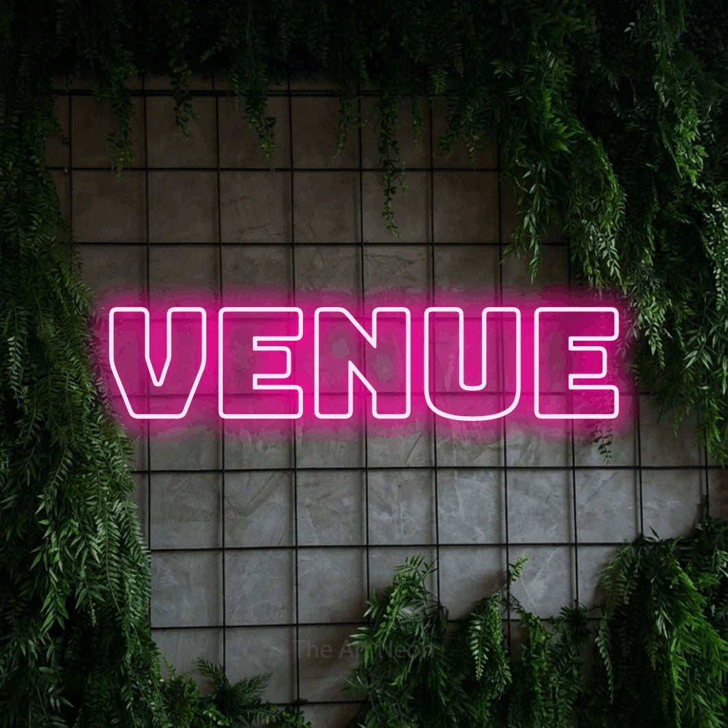 LED neon sign reading “Venue”, arranged in a single line.