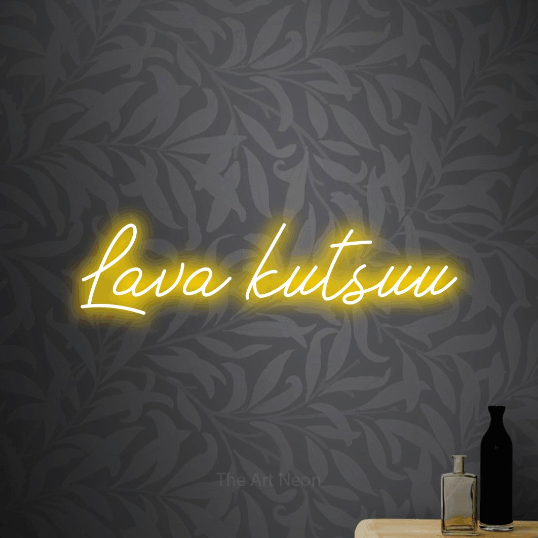 LED neon sign reading “Lava kutsuu”, arranged in a single line.