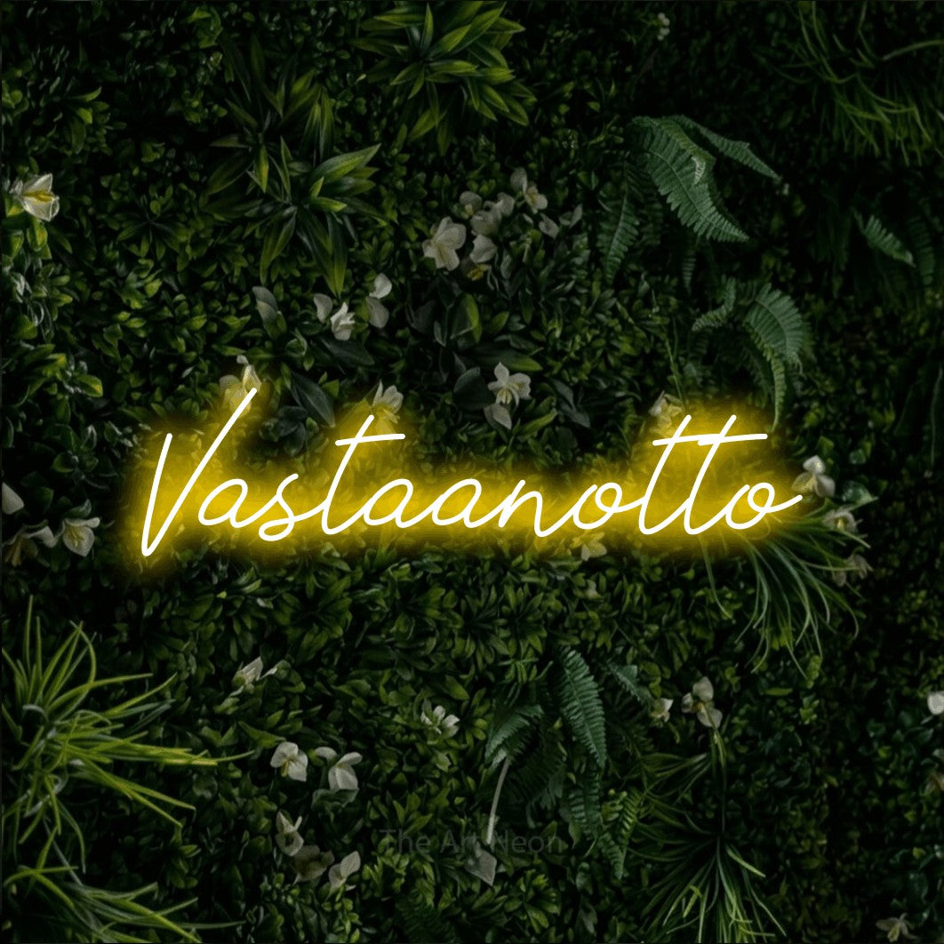 LED neon sign reading “Vastaanotto”, arranged in a single line.