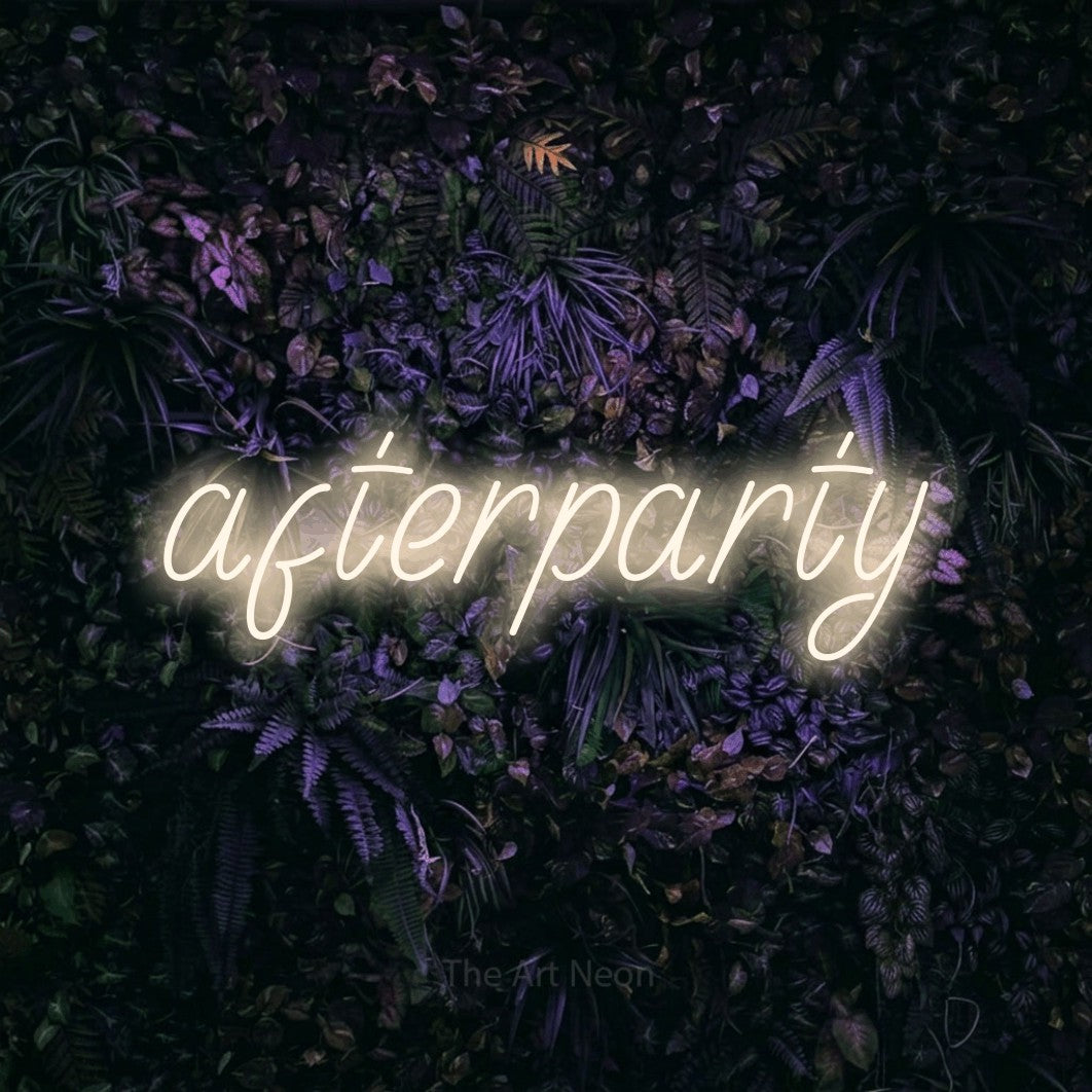 LED neon sign reading “afterparty”, arranged in a single line.