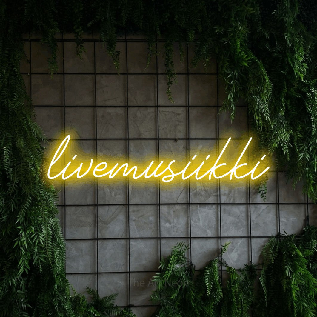 LED neon sign reading “livemusiikki”, arranged in a single line.