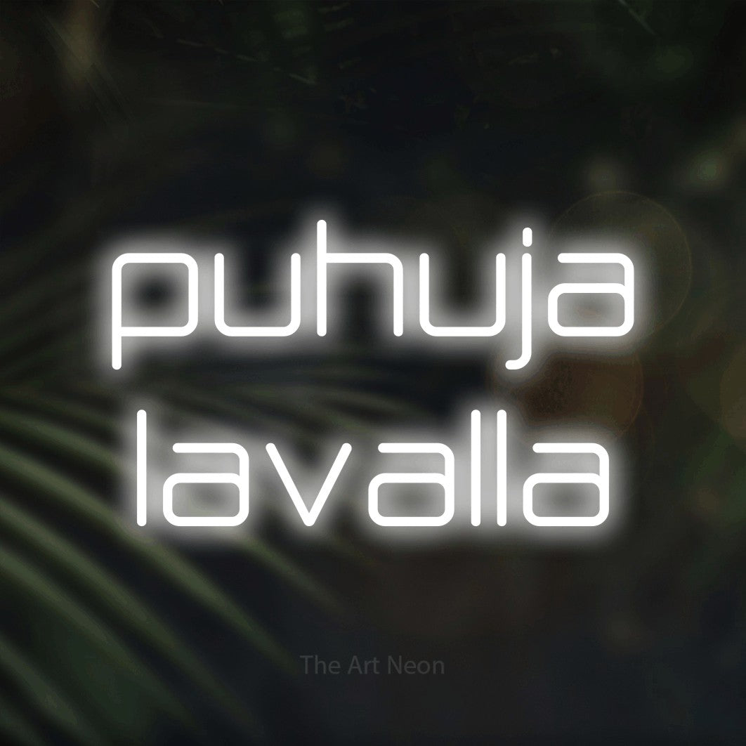 LED neon sign reading “puhuja lavalla”, arranged in 2 lines.