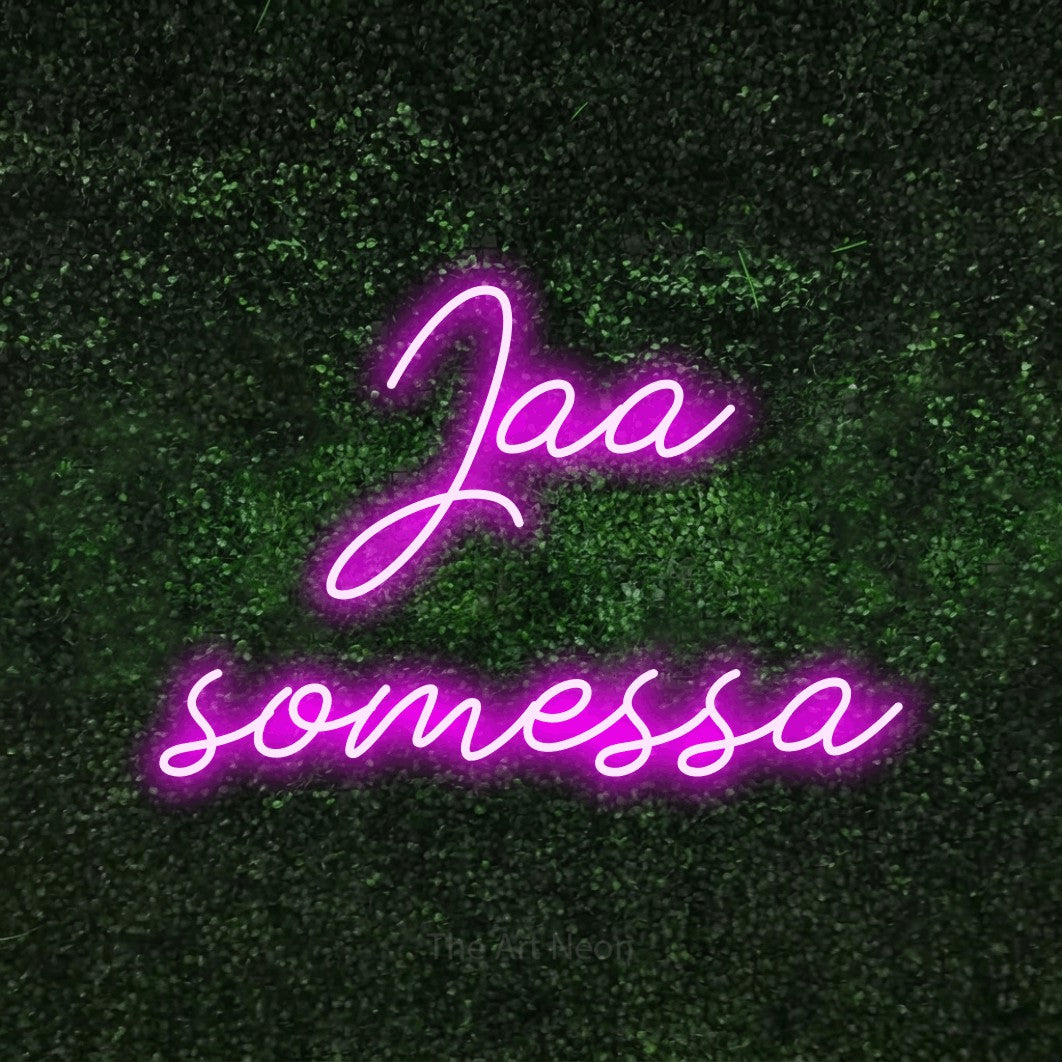 LED neon sign reading “Jaa somessa”, arranged in 2 lines.
