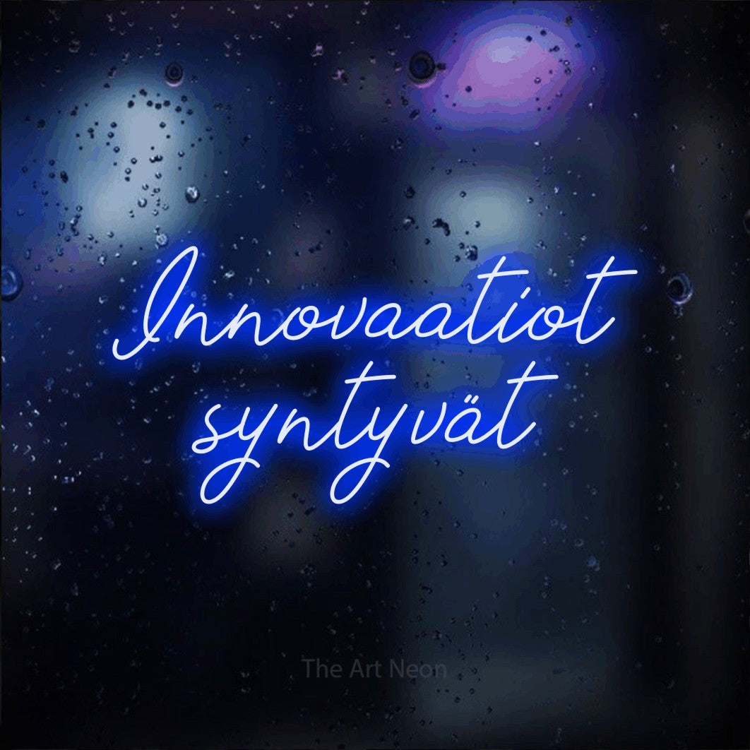 LED neon sign reading “Innovaatiot syntyvät”, arranged in 2 lines.