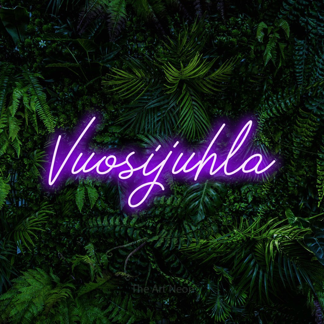 LED neon sign reading “Vuosijuhla”, arranged in a single line.