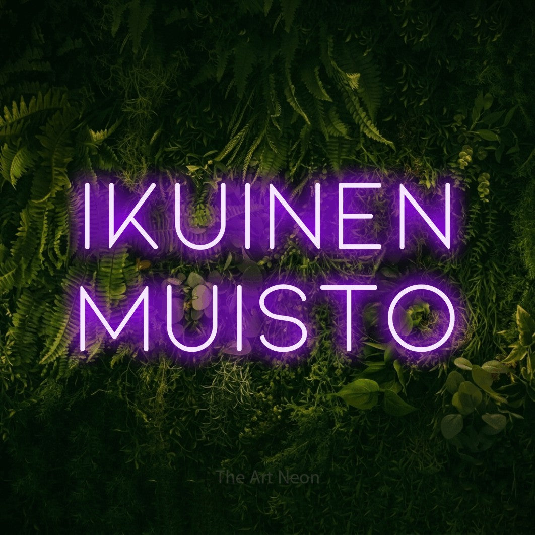 LED neon sign reading “IKUINEN MUISTO”, arranged in 2 lines.