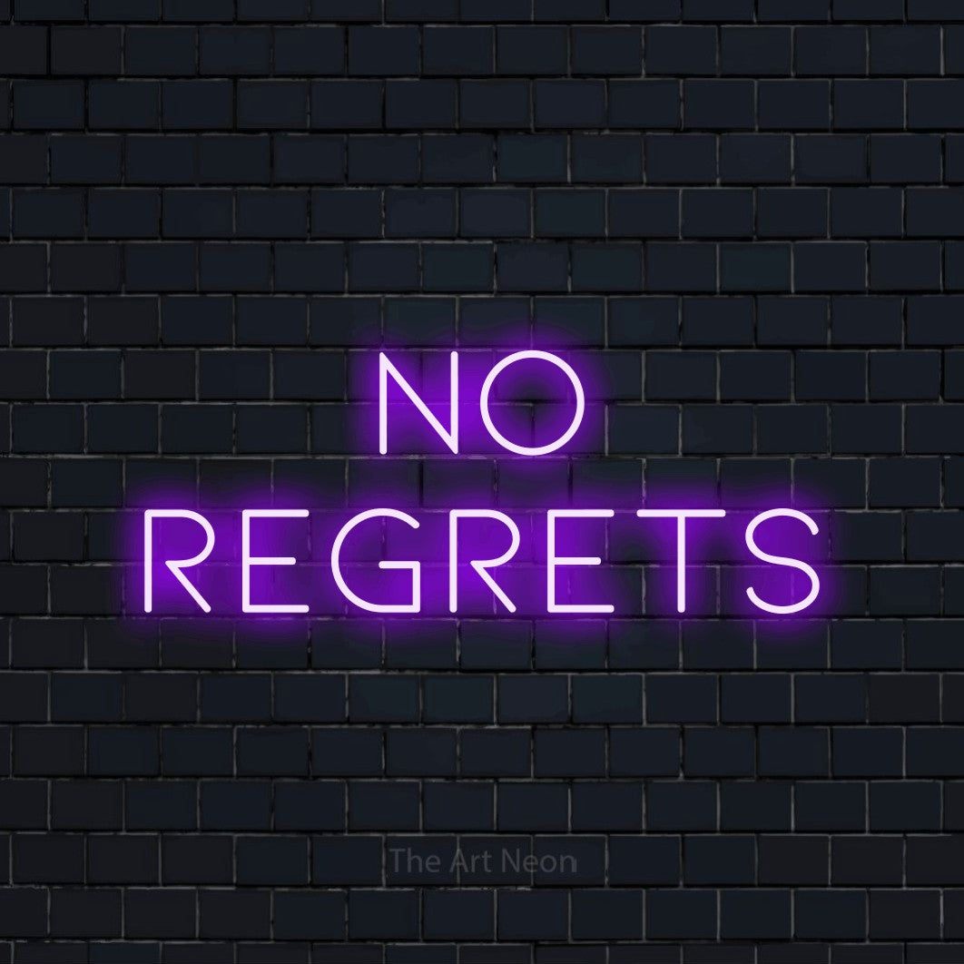 LED neon sign reading “NO REGRETS”, arranged in 2 lines.