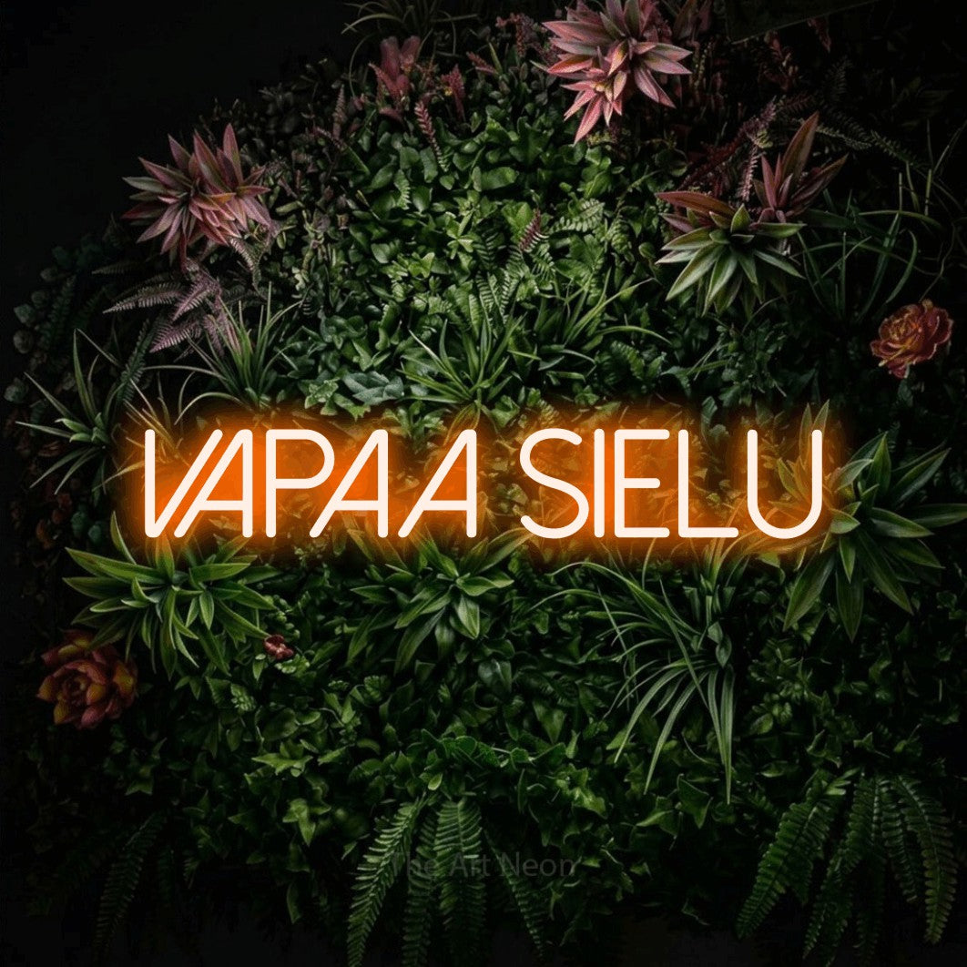 LED neon sign reading “Vapaa sielu”, arranged in a single line.