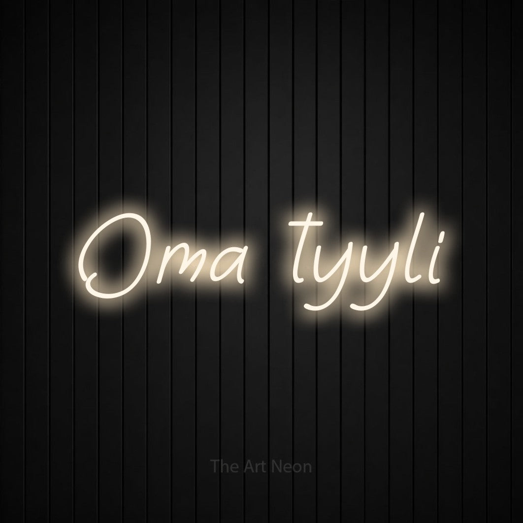 LED neon sign reading “Oma tyyli”, arranged in a single line.