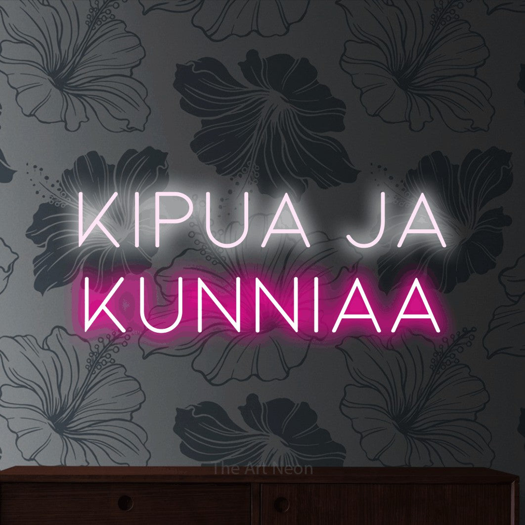 LED neon sign reading “Kipua ja kunniaa”, arranged in 2 lines.